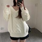 Long-sleeve Plain Knit Sweater Off-white - One Size