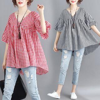 V-neck Checked Elbow-sleeve T-shirt