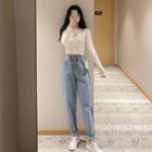 Set: Plain Knit Sweater + High-waist Straight-cut Jeans