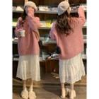 Sweater / Puff-sleeve Midi A-line Lace Dress