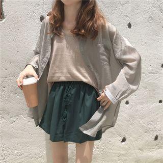 Long-sleeve Light Shirt / Sleeveless Plain Top / Drawstring Wide-leg Shorts