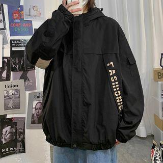 Letter Printed Color Block Hooded Jacket