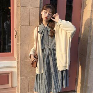 Plain Cardigan / Long-sleeve Pleated A-line Dress