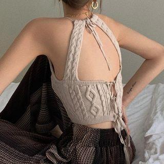 Halter-neck Cable Knit Crop Tank Top / Wide-leg Pants
