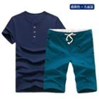 Set: Short Sleeve Split Neck T-shirt + Drawstring Shorts