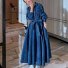 Long-sleeve Sashed Denim Midi A-line Shirt Dress