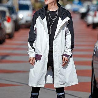 Chinese Character Embroidered Zip Hooded Coat