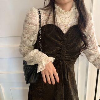 Long-sleeve Lace Panel Velvet Midi A-line Dress Coffee - One Size