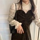 Long-sleeve Lace Panel Velvet Midi A-line Dress Coffee - One Size