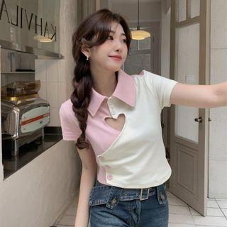 Two-tone Cutout Cropped Polo Shirt