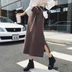 Tie-waist Slit Knit Midi A-line Skirt