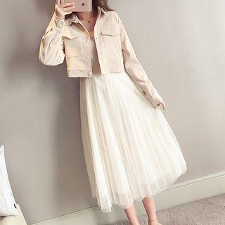 Set: Spaghetti Strap Midi Mesh Dress + Button Jacket