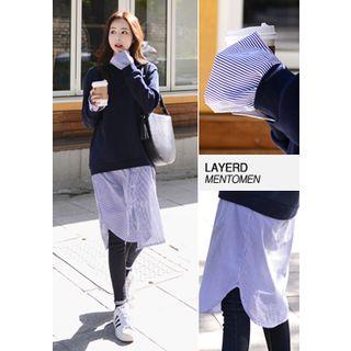 Striped Shirt-hem Pullover Dress