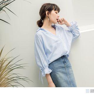Bell Sleeve V-neck Striped Top