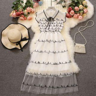 Sleeveless Contrast Trim Mesh Midi A-line Dress White - One Size