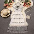 Sleeveless Contrast Trim Mesh Midi A-line Dress White - One Size