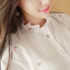 Frill-neck Floral-embroidered Cotton Blouse