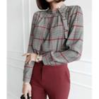 Mandarin-collar Checked Blouse With Brooch Black - One Size