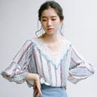 Bell Sleeve V-neck Lace Panel Stripe Top