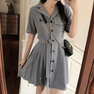Short Sleeve Pleated Panel A-line Shirtdress