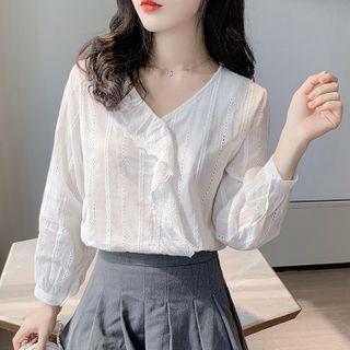 Long-sleeve V-neck Frill Trim Blouse