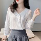 Long-sleeve V-neck Frill Trim Blouse