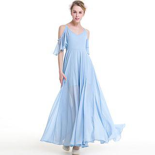 Open Shoulder Frilled Maxi Dress