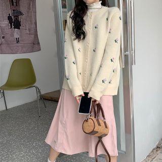 Long-sleeve Floral Printed Knit Cardigan /  Corduroy Midi Skirt
