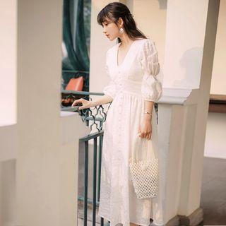 V-neck Balloon-sleeve Shirred Midi A-line Dress