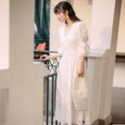 V-neck Balloon-sleeve Shirred Midi A-line Dress