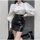 Puff-sleeve Shirt / Patent A-line Skirt