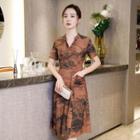 Short-sleeve Tree Print Midi A-line Dress