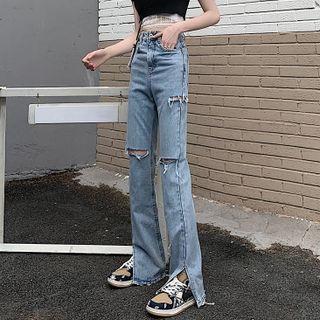 Distressed Slit High Waist Straight Leg Jeans