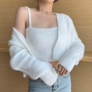 Set: Cropped Furry Cardigan + Spaghetti Strap Top