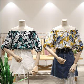 Leaf Print Off-shoulder Elbow-sleeve Blouse