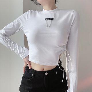 Long-sleeve Drawstring Applique Cropped T-shirt