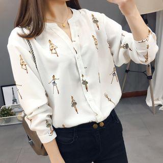 Ballerina Print Split-neck Chiffon Blouse