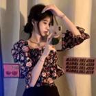 Puff-sleeve Floral Print Shirred Crop Top Pink Floral - Black - One Size