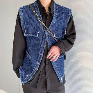 Fringed Trim Button-up Denim Vest Dark Blue - One Size