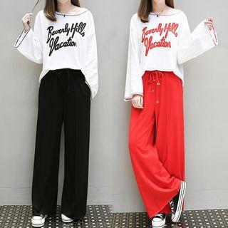 Set: Lettering Long-sleeve T-shirt + Wide-leg Pants