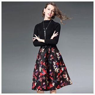 Long-sleeve Floral Pleated Midi Dress