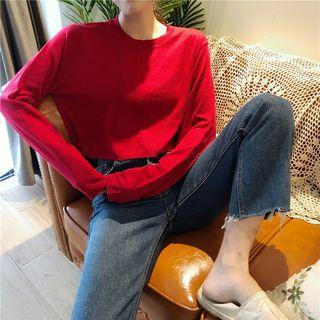 Long-sleeve Cropped Knit Top / Fringed Boot-cut Jeans
