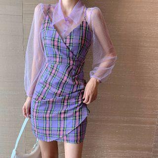 Dotted Mesh Blouse / Plaid Spaghetti Strap Mini Sheath Dress