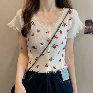 Floral Lace Trim Button-up Cropped Top