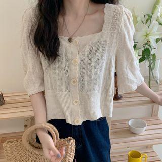 Elbow-sleeve Square-neck Cropped Knit Cardigan