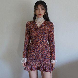 Long-sleeve Floral Print Mini A-line Dress / Lace Top