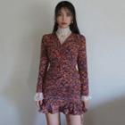 Long-sleeve Floral Print Mini A-line Dress / Lace Top