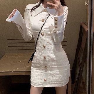Tweed Panel Long-sleeve Mini Bodycon Dress