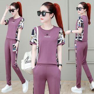 Set: Short-sleeve Print Panel T-shirt + Straight Leg Pants