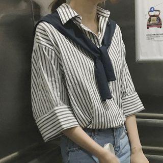 Striped 3/4-sleeve Shirt With Shawl